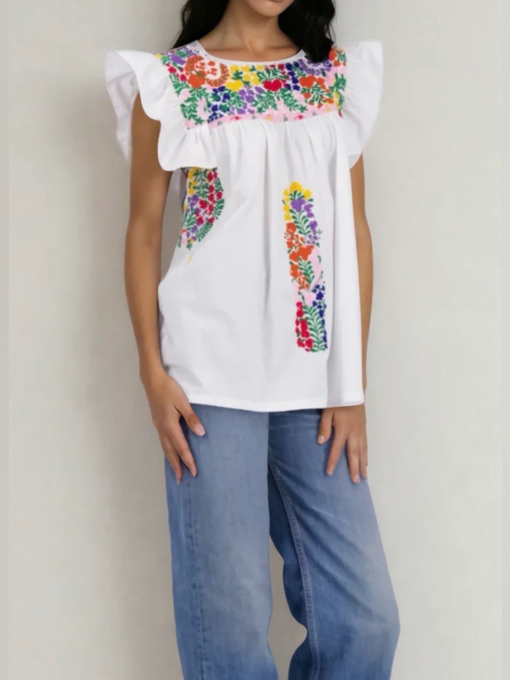 Mi Golondrina White Floral Embroidered Blouse Boho Cotton Ruffle XS